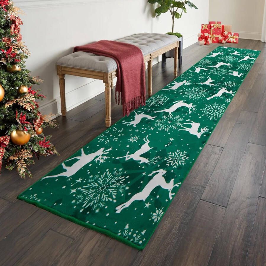 Kerst Loper Tapijt 60 x 300 cm Antislip Lange Kerst Tapijt Zachte Microvezel Sneeuwvlok Rendier Kerst Groen Wasbaar Tapijt Loper Keukentapijt Oppervlakte Tapijt Hardlooptapijt