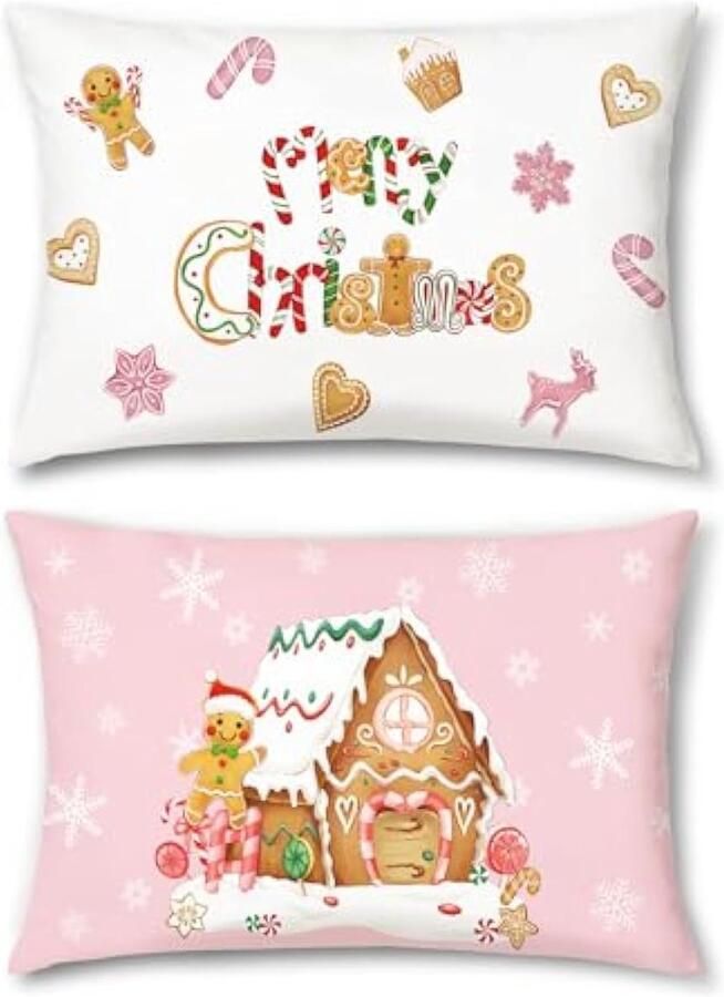 Kerst peperkoek kussenslopen 30 x 50 cm bakkerij huis sneeuwvlokken roze decoratieve sierkussenslopen voor slaapbank thuis terras winter vakantie decor set van 2