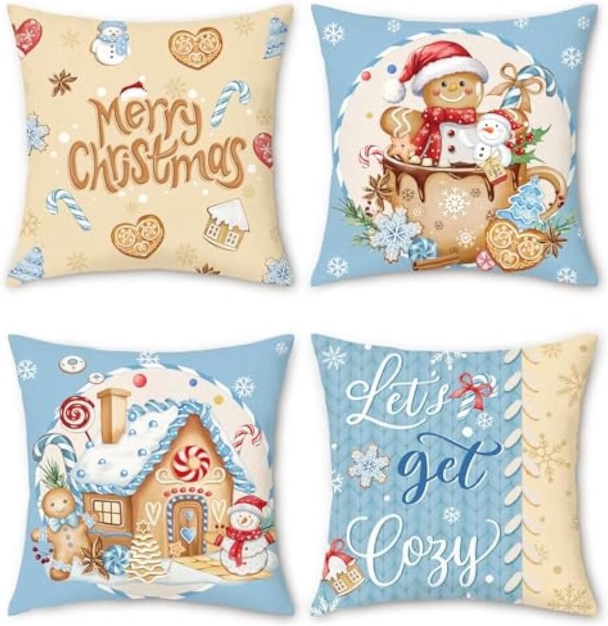 Kerst Peperkoek Kussenslopen 45 x 45 cm Bakkerij Huis Sneeuwvlokken Blauw Fluwelen Decoratieve Kussenslopen voor Slaapbank Thuis Patio Winter Vakantie Decor Set van 4