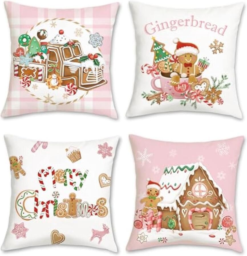 Selbro Kerst Peperkoek Kussenslopen 45 x 45 cm Truck Peperkoek Huis Hot Cacao Roze Decoratieve SierKussenslopen voor Slaapbank Thuis Winter Vakantie Decor Set van 4
