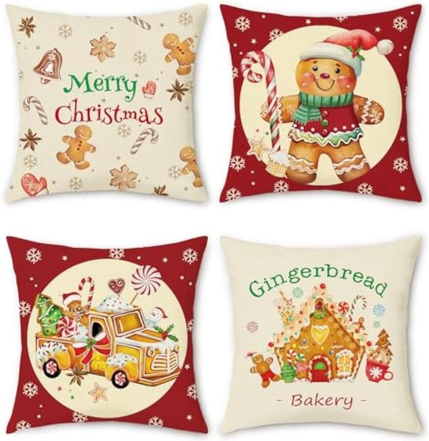 Kerst Peperkoek Kussenslopen 45 x 45 cm Xmas Bakkerij Huis Truck Decoratieve Sierkussenslopen voor Slaapbank Thuis Patio Winter Vakantie Decor Set van 4