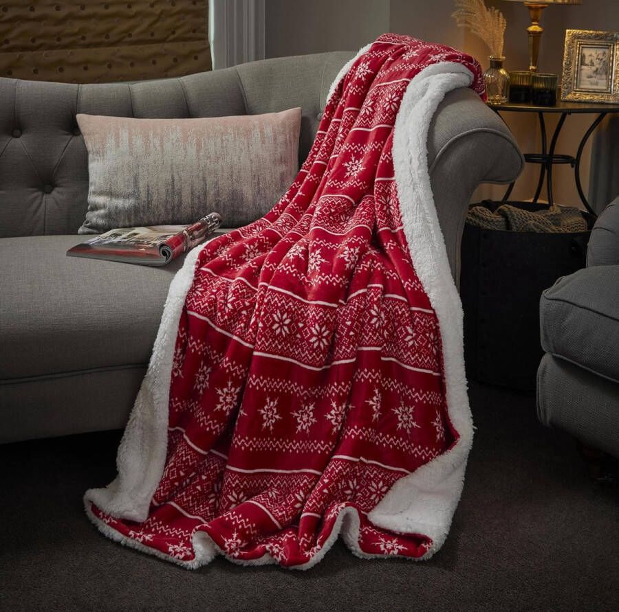 Kerst Sherpa fleece plaid groot 50 x 70 inch (130 x 180 cm) pluizige microvezel deken overgooi voor bed bank pluche knuffelig gezellige winterwarmer rood Scandinavisch