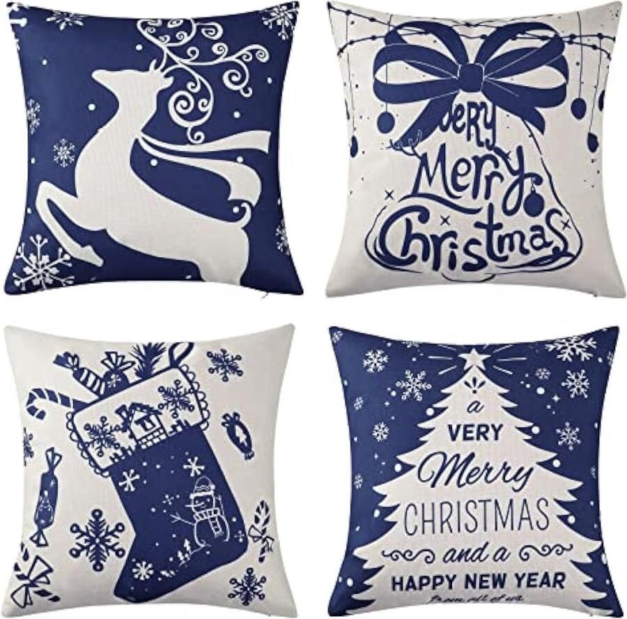 Kerst sierkussenslopen 45 x 45 cm blauwe katoenen linnen sierkussens set van 4 sneeuwvlok kerstboom kussenslopen voor bank woondecoratie 45 x 45 cm 4 stuks
