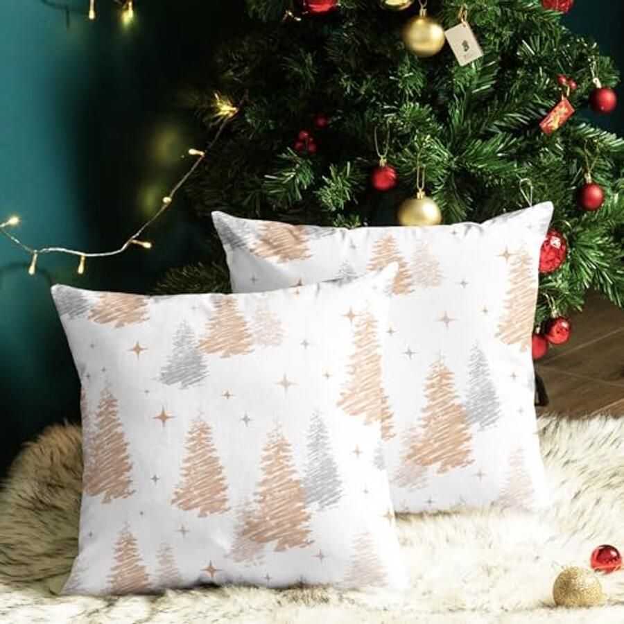 Kerst Sierkussenslopen Set van 2 Decoratieve Kussens voor Bank en Sofa Fleece Bomen en Sterren 46 x 40 cm