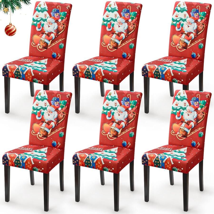 Kerst Stoelhoezen Set van 6 Kerstmis Stretch Stoelhoes Universeel Wasbare Stoelhoezen Voor Eetkamerstoelen Eetstoelhoezen Stoelbekleding Decoratie Voor Woonkamer Keuken Feest (Set van 6 Kerstman)