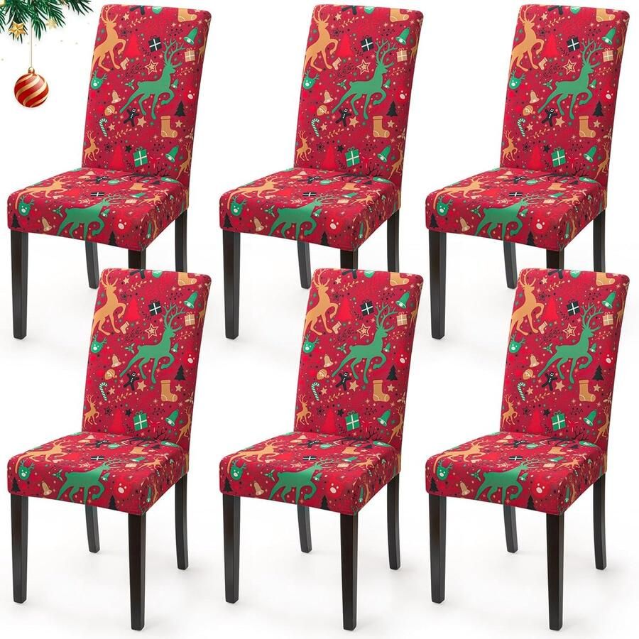 'merkloos' Kerst Stoelhoezen – Set van 6 – Stretch Universeel en Wasbaar – Rood-Eland voor Eetkamerstoelen