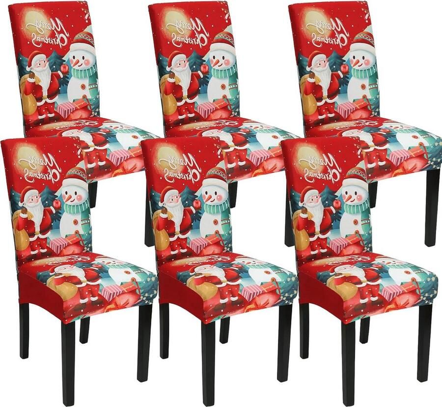 Kerst Stoelhoezen Stretch Eetkamerstoel Covers 6 stuks Rood-Sneeuwpop