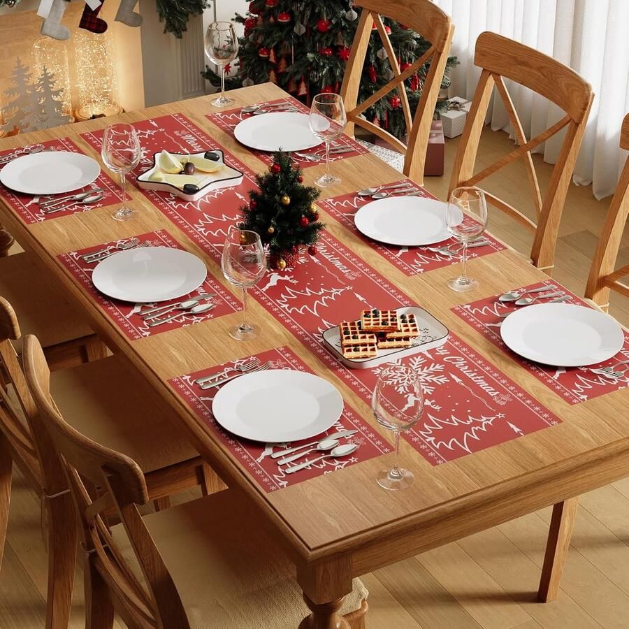 Kerst Tafelloper en Placemats Set Hittebestendig 6 stuks Rood 30x180 cm