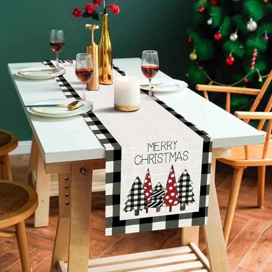 Kerst tafelloper linnenlook afwasbaar 1 stuk polyester 33 x 183 cm
