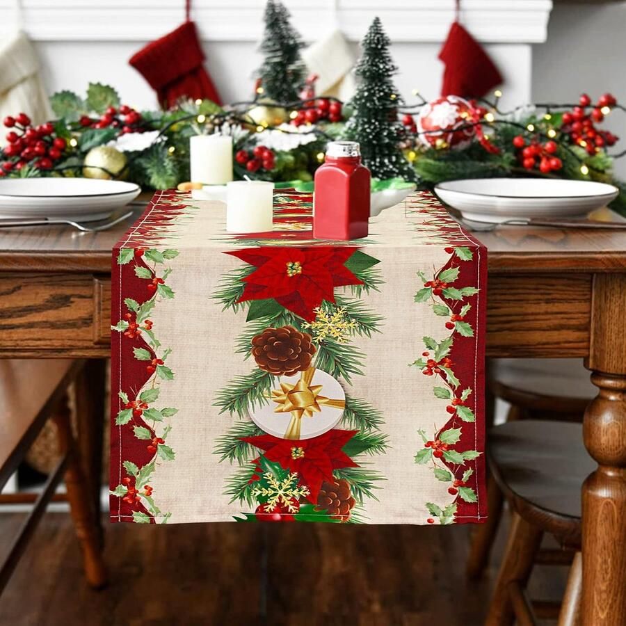 Kerst Tafelloper met Poinsettia Decoratie voor Feestdagen 1 stuk Rood en Groen