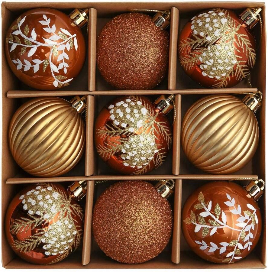 Kerstballen set 9 stuks onbreekbaar plastic 6 cm koper goud brons
