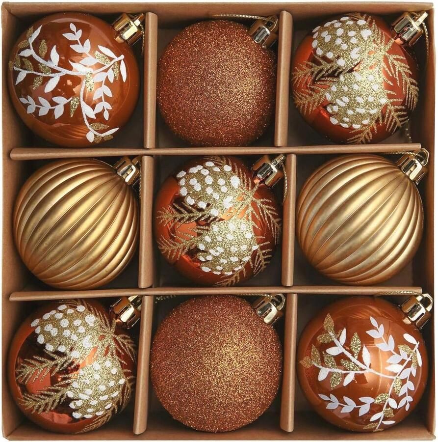 Kerstballen Set van 9 Kunststof 6cm in Koper Goud en Brons Luxe Ornamenten voor Kerstboomversiering