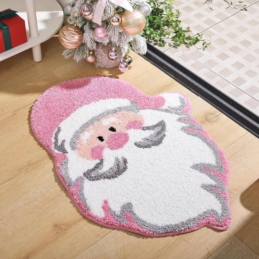 Kerstboom Vloerkleed Antislip imitatie kasjmier tapijt Woondecoratie Slaapkamer Zachte Wasbare en Antislip Mat voor Woonkamer Eetkamer Slaapkamer & Badkamer Kerstdecoratie （ Roze Hoed Kerstman 40*60cm ）