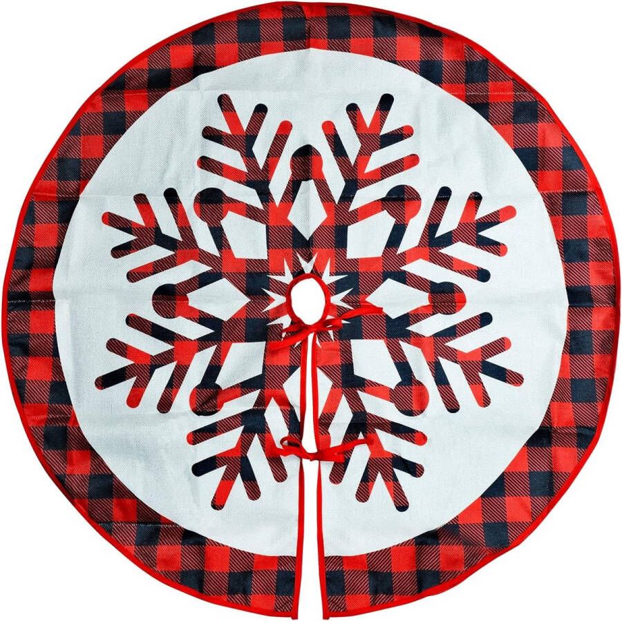 Kerstboomrok Rood en zwart geruite kerstboomrok met sneeuwvlok Ronde boomrok met kerstmotief Kerstboommat Sneeuwvlokboomrok