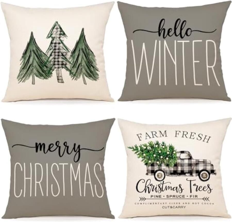 Kerstdecoratie kerstkussenslopen 45x45 cm set van 4 grijze decoratieve kussenslopen winter kerstkussens voor feestelijke decoratie in woonkamer bank of slaapkamer