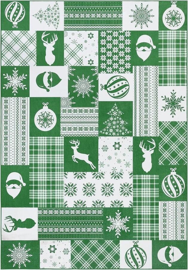 Kerstgroen vloerkleed Sneeuwvlok elandtapijt Groot tapijt 160 x 230 cm Wasbaar Laagpolig Binnen Groen vloerkleed