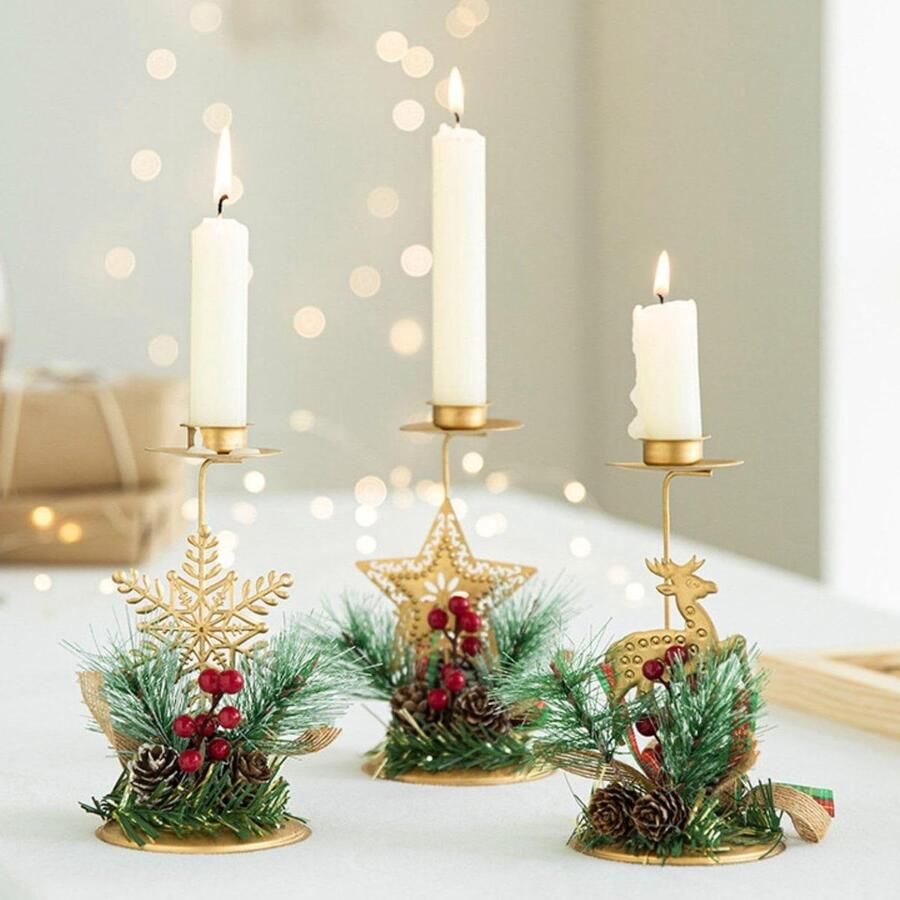 Kerstkaarsenhouders Set van 3 Kandelaarset voor kerstdecoratie Metalen pijlerkandelaars Tafel- en haarddecoratie
