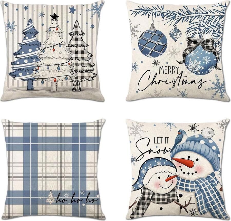 Kerstkussen voor bank decoratieve kussens set van 4 blauw linnen 45 x 45 cm