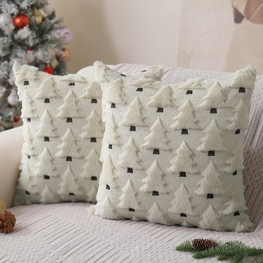 Kerstkussenhoezen 18x18 inch Set van 2 kerstversieringen Zacht pluche imitatiebont Wol Crème Wit Kerstboom Kussenslopen Wintervakantiedecoratie voor Bank Woonkamer 2 stuks
