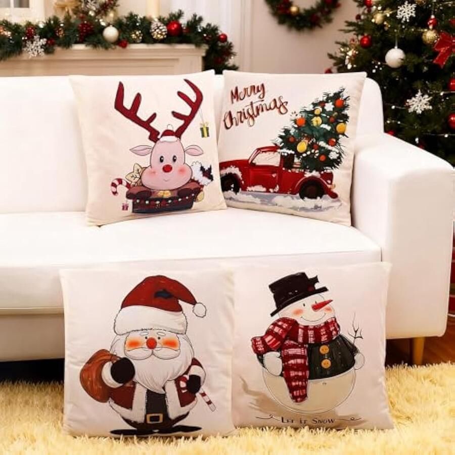 Kerstkussensloop 4 stuks 45 x 45 cm decoratief kersthoes voor bank met sneeuwpopprint kussensloop kerstdecoratie (rood)