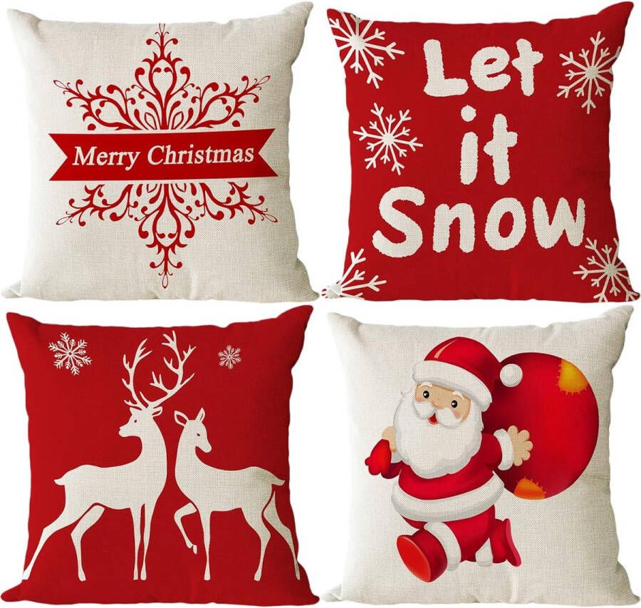 Zhs Kerstkussensloop 45 x 45 cm set van 4 kerstdecoratie rendier sneeuwvlok Santa decoratieve kussenhoes voor woonkamer slaapkamer bank decoratief kussen