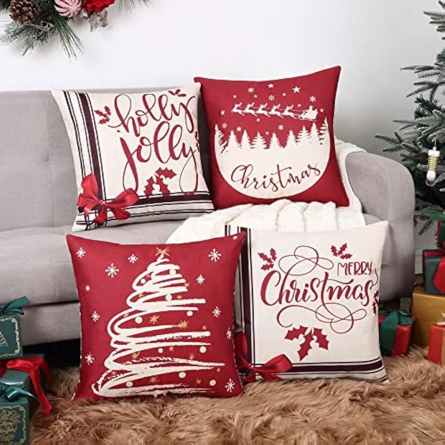 Kerstkussensloop faux linnen rode decoratieve kerstboom sierkussensloop kussen voor bank woonkamer bed bank auto vierkante kussensloop 45 x 45 cm vlinderdas