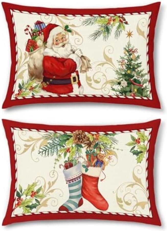 Kerstkussenslopen 30 x 50 cm kerstboom sokken kerstman decoratieve sierkussenslopen voor slaapbank thuis terras winter vakantie decor set van 2