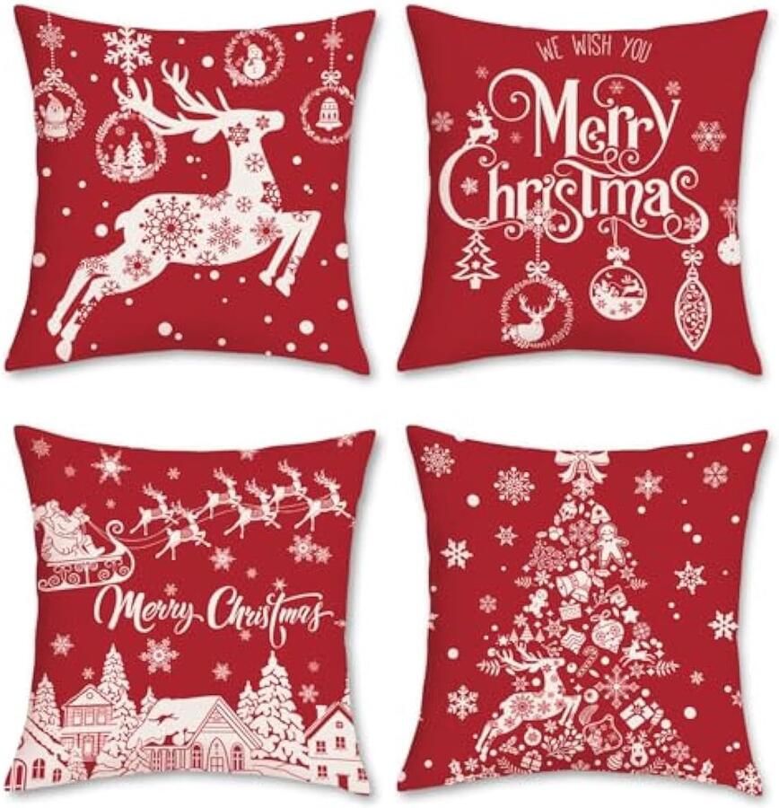 Selbro KerstKussenslopen 45 x 45 cm beide zijden rendier sneeuwvlok rood Kussenslopen polyester linnen decoratieve kussensloop voor bank thuis winter kerstdecoratie set van 4
