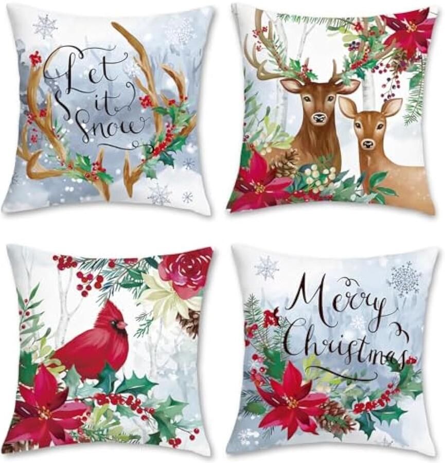 Selbro KerstKussenslopen 45 x 45 cm beide zijden rendierrood kardinaal bloemen Kussenslopen zacht fluweel decoratieve winterkussensloop voor bank thuis kerstdecoratie set van 4