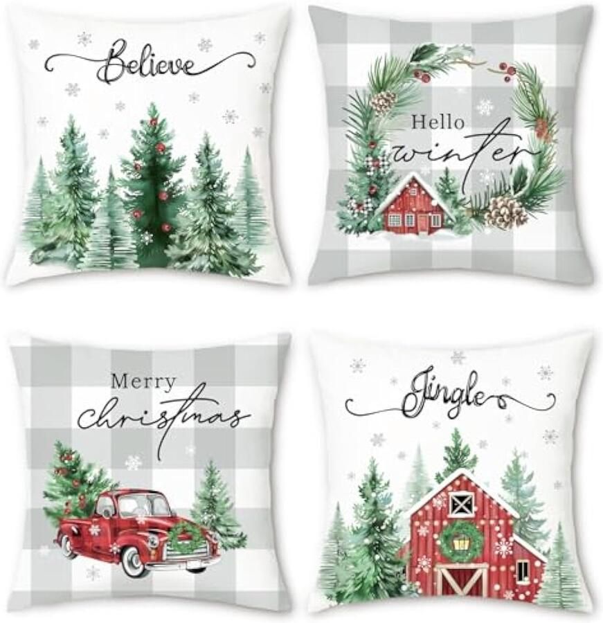 Kerstkussenslopen 45 x 45 cm dennenbomen sneeuwvlokken rode huizen vrachtwagen grijze plaids decoratieve sierkussenslopen voor slaapbank thuis winter vakantie decor set van 4