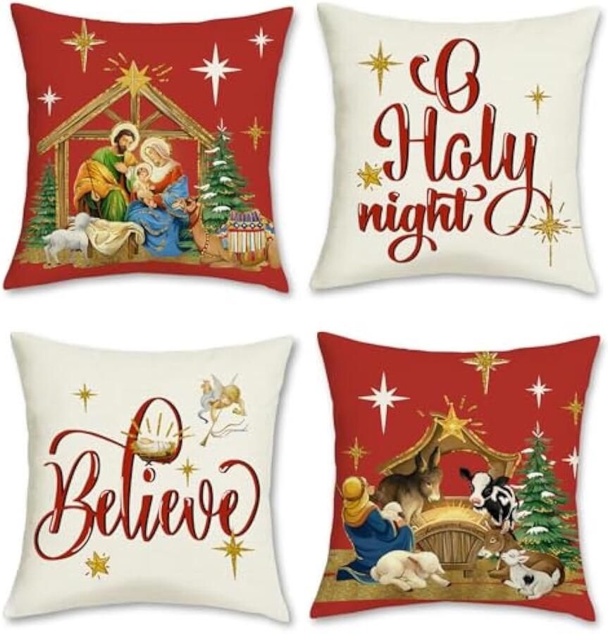 Selbro KerstKussenslopen 45 x 45 cm Heilige Nacht Jezus Kerstbomen Dieren Rood Decoratieve SierKussenslopen voor Sofa Bank Bed Thuis Winter Vakantie Decor Set van 4