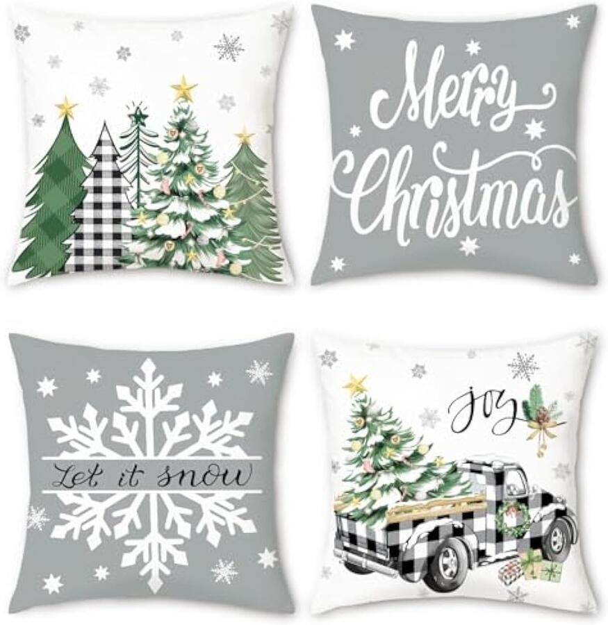 Kerstkussenslopen 45 x 45 cm kerstbomen geruite vrachtwagen sneeuwvlokken grijs decoratieve kussenhoezen voor slaapbank thuis terras winter vakantie decoratie set van 4