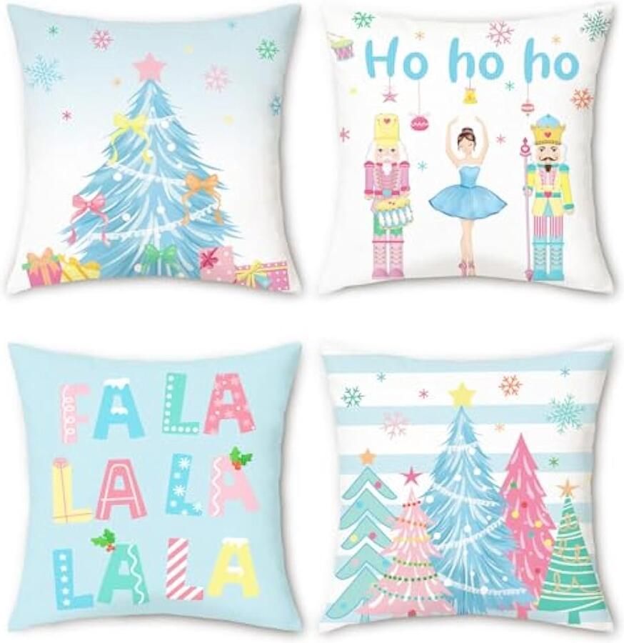 Kerstkussenslopen 45 x 45 cm kerstbomen notenkrakers sneeuwvlokken blauw decoratieve kussenhoezen voor slaapbank thuis terras winter vakantie decoratie set van 4