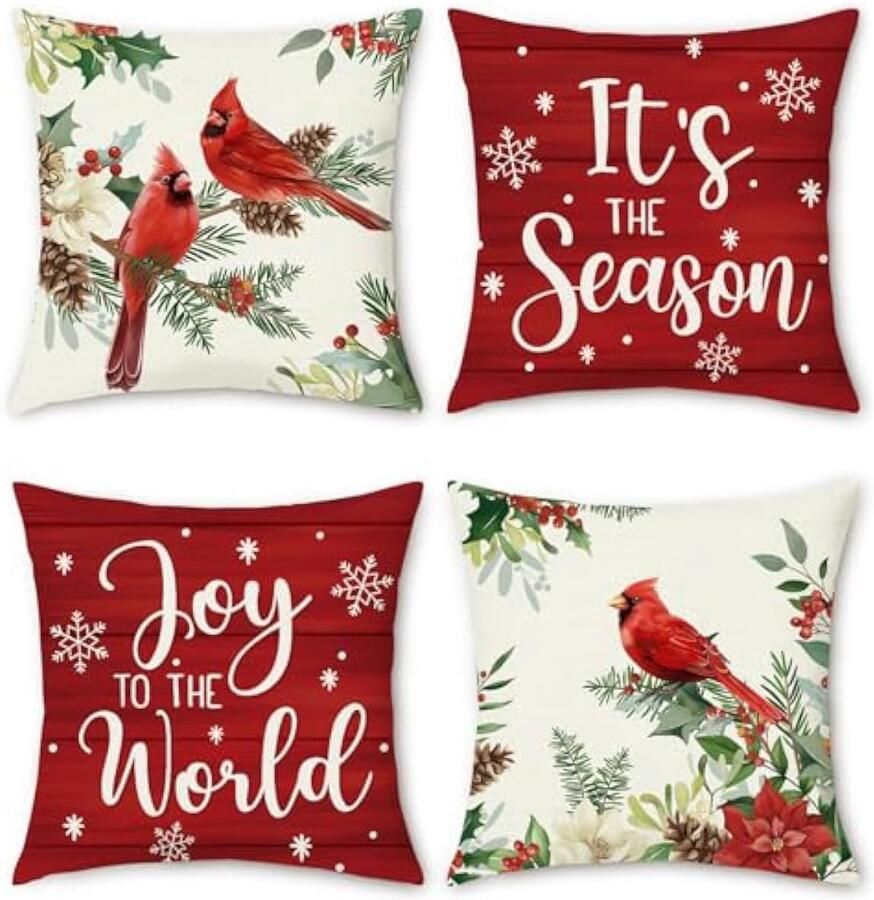 Kerstkussenslopen 45 x 45 cm rode kardinalen dennenbladeren sneeuwvlokken decoratieve kussenhoezen voor slaapbank thuis terras winter vakantie decoratie set van 4