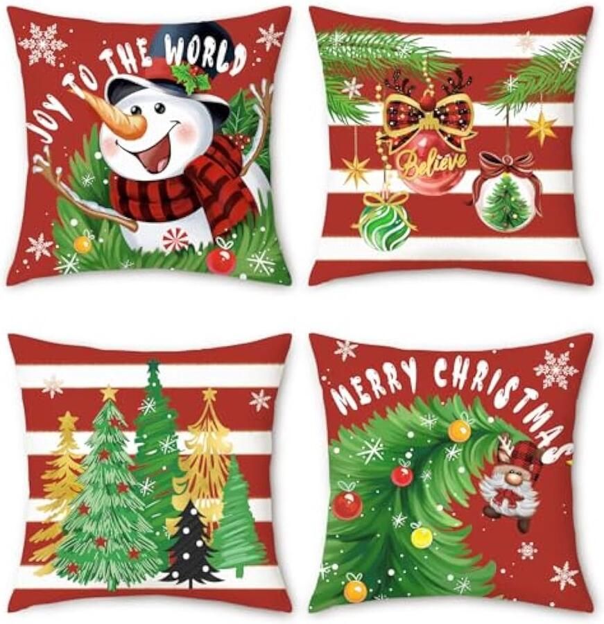 Kerstkussenslopen 45 x 45 cm sneeuwpop kerstbomen ballen rood decoratieve kussenslopen fluwelen kussenslopen voor bank thuis terras winter vakantie decoratie set van 4