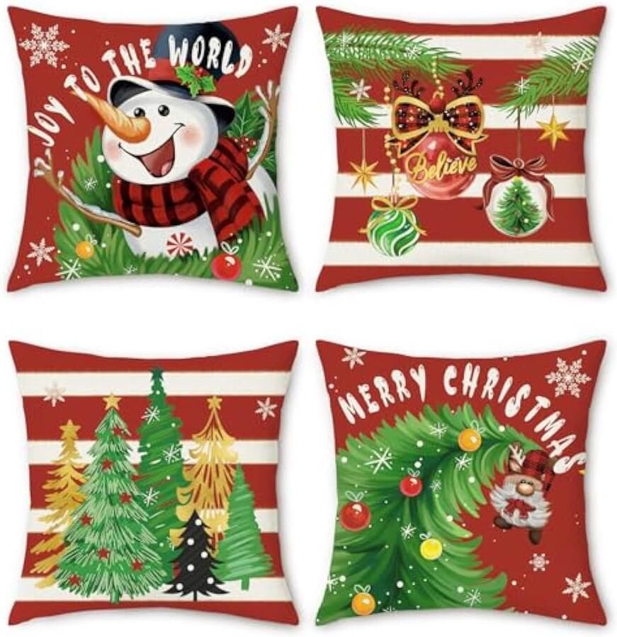Kerstkussenslopen 45 x 45 cm sneeuwpop kerstbomen ballen rood decoratieve kussenslopen van polyester linnen kussenslopen voor slaapbank thuis winter vakantie decoratie set van 4
