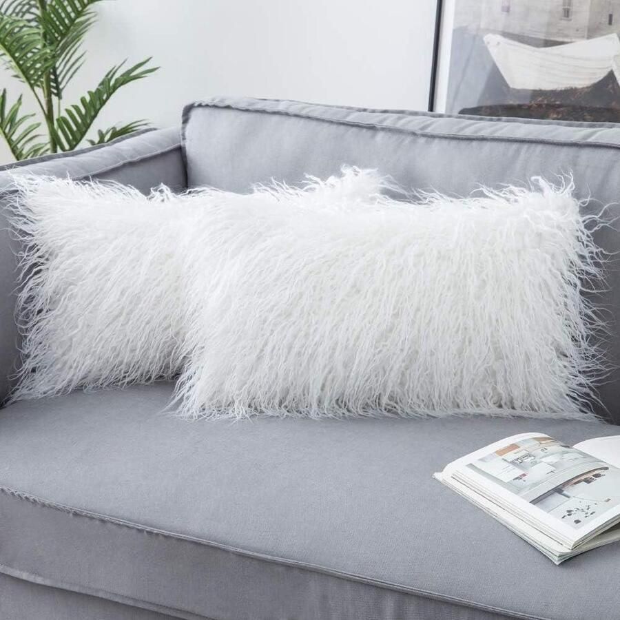 Kerstkussenslopen knuffelkussen pluizig bontkussen Set van 2 Sierkussen kussensloop bontlook Kussenhoes voor bank woonkamer 30 x 50 cm Wit