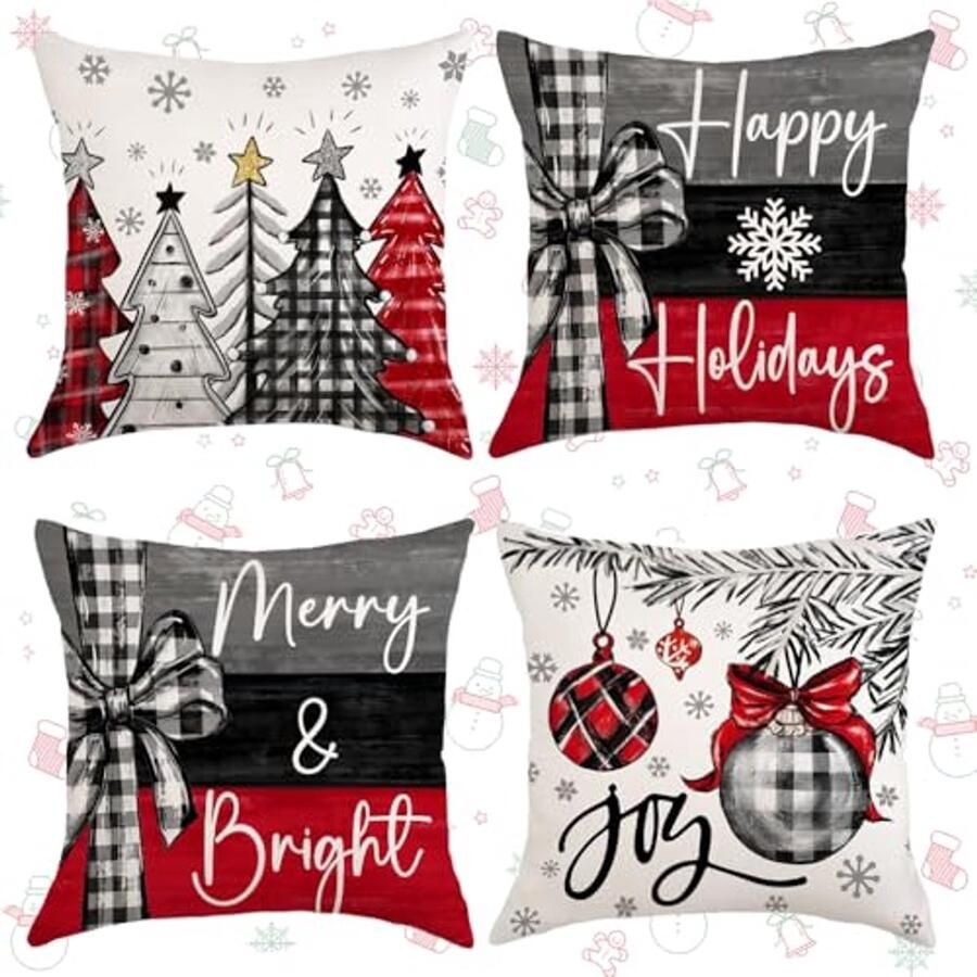 Kerstkussenslopen Set van 4 Decoratieve Kussenhoezen met Kerstmotief voor Bank en Slaapkamer