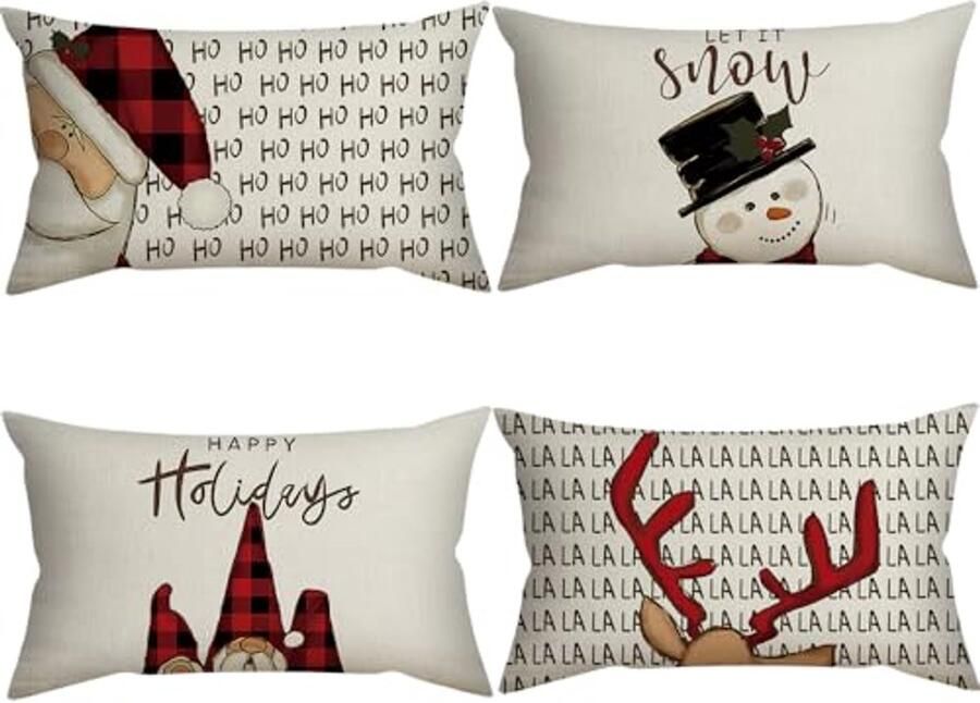 Kerstkussenslopen Set van 4 Sneeuwman Design voor Bank en Woonkamer 30 x 50 cm