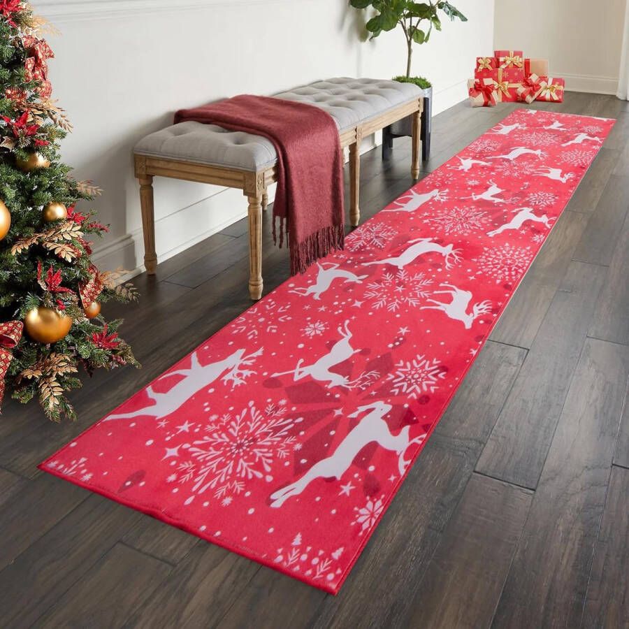 Kerstloper tapijt 60 x 300 cm antislip lang kersttapijt zachte microvezel sneeuwvlok rendier Kerstmis rood wasbaar keukentapijt vloerkleed looptapijt