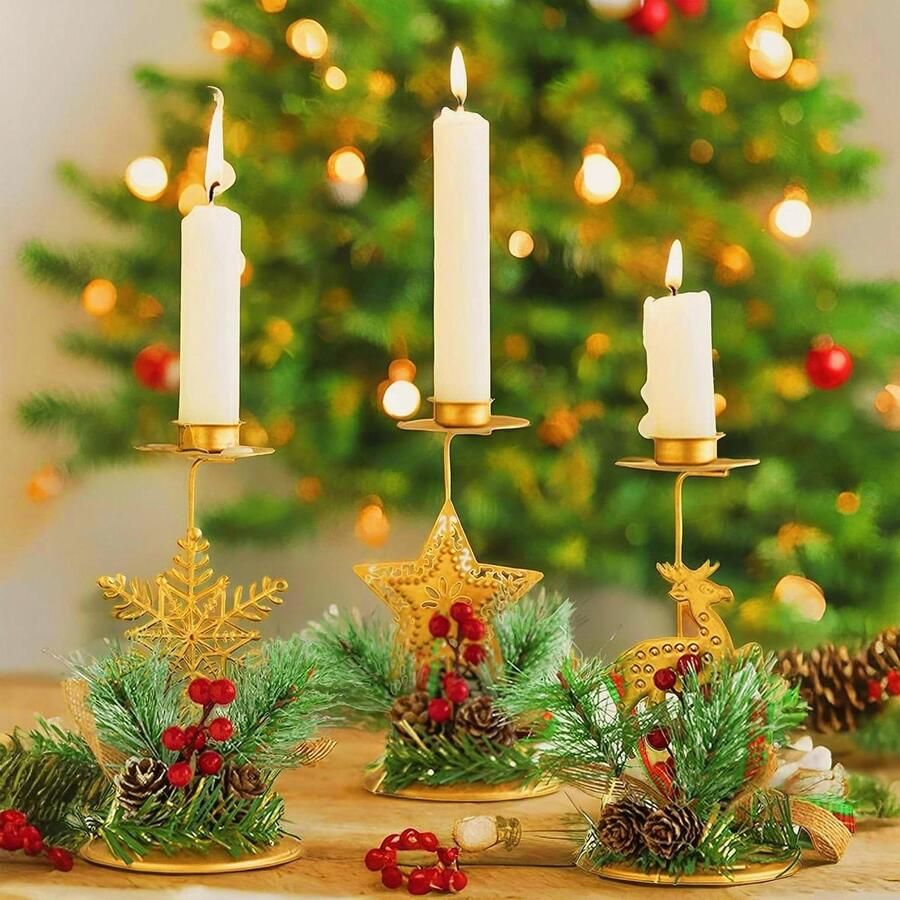 Kerst Kaarshouders Set van 3 Kerstboom Dennenappel Bessen Kandelaar Houders Tafel Eetkamer Decoratie