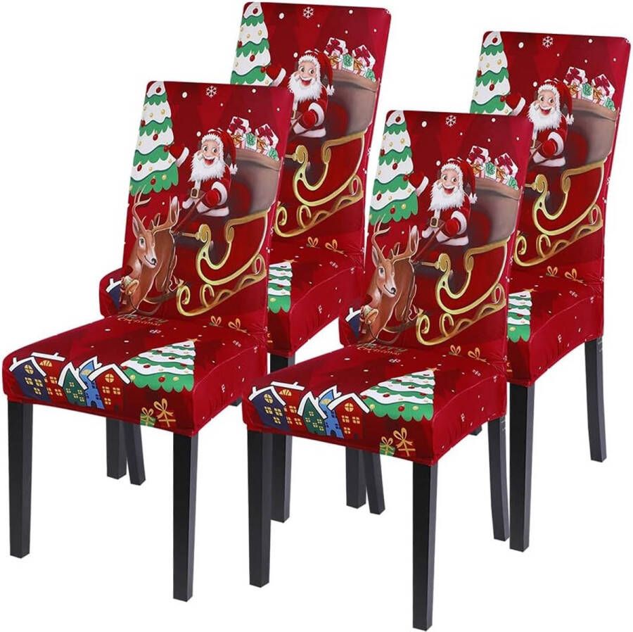 Kerststoelhoezen set van 4 of 6 stuks stretch stoelhoezen universeel modern Xmas feestelijke stoelhoezen decoratie beschermer stretchstoelhoes voor eetkamer party banket restaurant (rood-2 4 stuks)