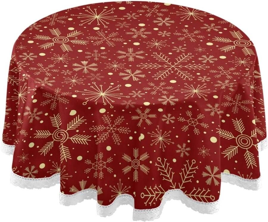 Kersttafelkleed met sneeuwvlokken voor ronde tafel donkerrood decoratief