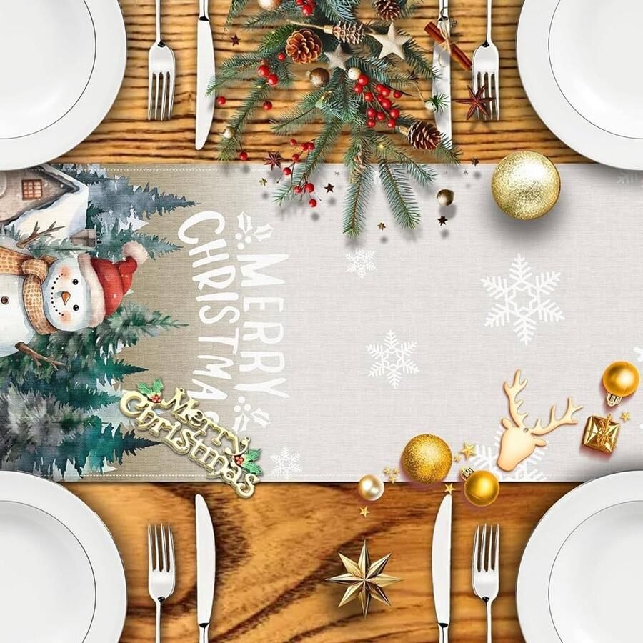 Kersttafelloper met Kerstsneeuwman Waterafstotend 40 x 180 cm Linnen
