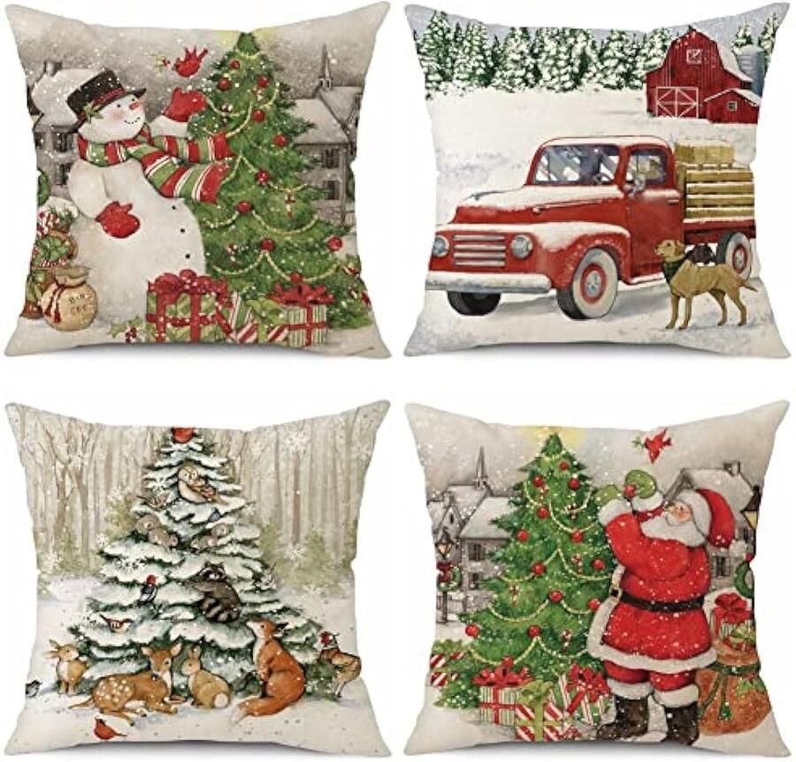 Kerstthema-kussenhoezen 4-delige set sneeuwpop kerstman kerstboom vrachtwagen kussenhoezen wintervakantie linnen decoratieve kussenslopen voor bank 50 x 50 cm