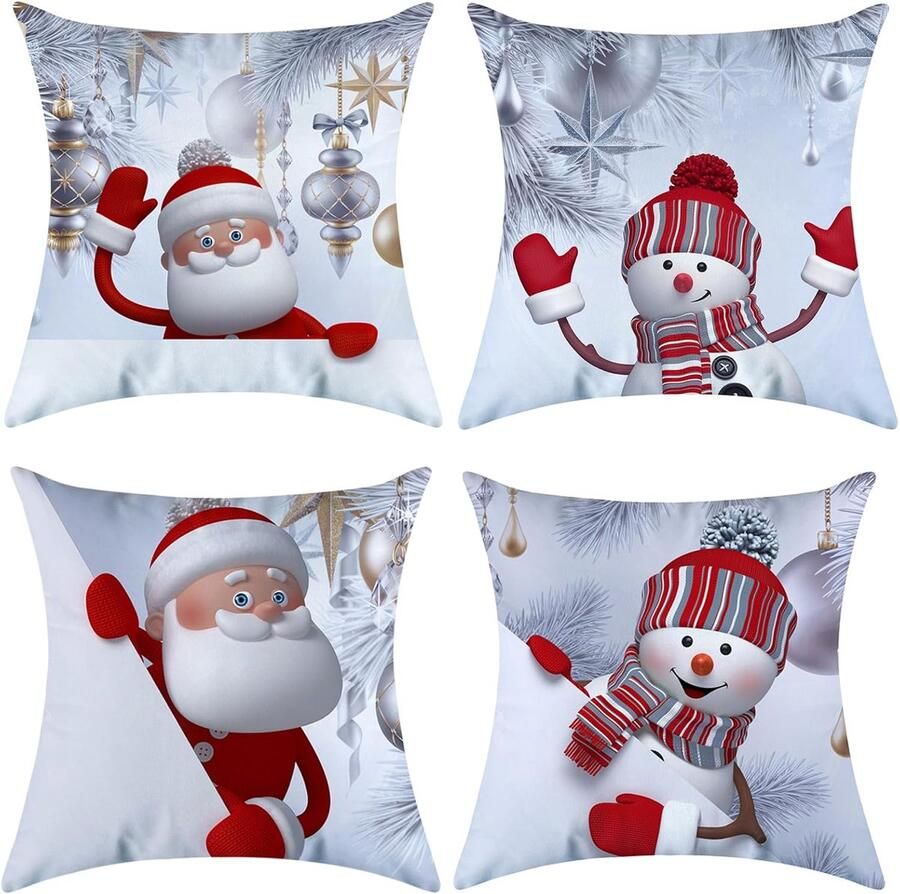 Kerstversiering Kerstcadeaus Kussenslopen Kerstkussenhoezen Decoratieve Kussenslopen 45 x 45 cm Kerstman Sneeuwpop Voor bank Slaapkamer home – Wit 4 stuks