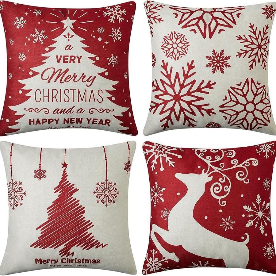 Kerstversiering Kerstcadeaus Kussenslopen Kerstkussenhoezen Sneeuwvlok Kerst Rendier Kussenslopen 45 * 45 cm Voor bank Slaapkamer home Thuis Autodecoratie 4 stuks