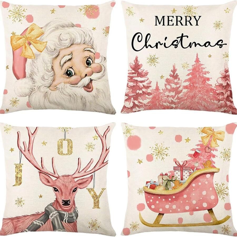 Kerstversiering Kerstdecoratie Kerstkussenhoezen 45x45cm Set van 4 Kerstversiering Binnen Buiten Kerst Kussenslopen voor Bank