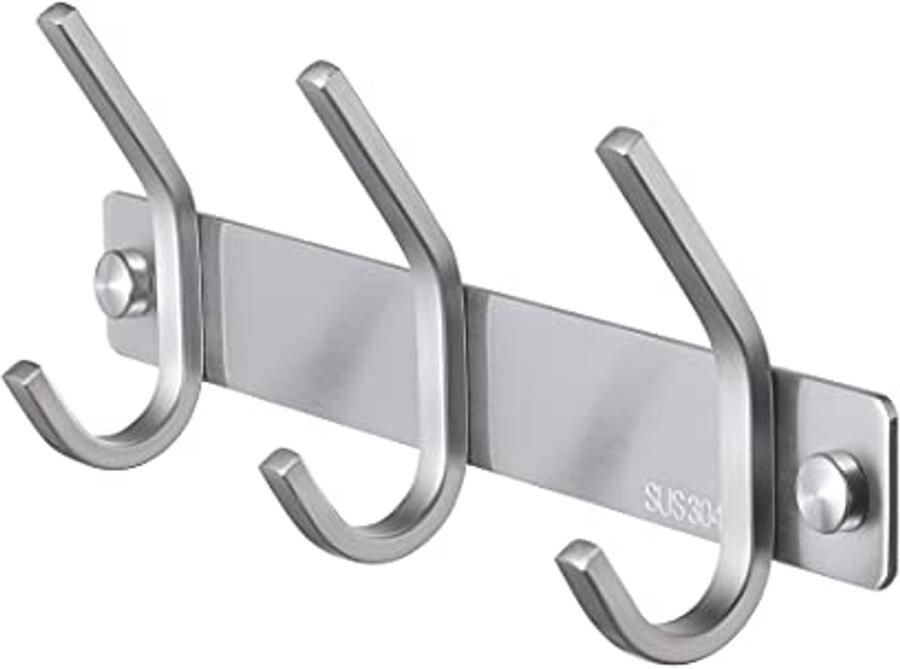 KES Hakenrek Kledinghaak Wandhaak Kapstok Badkamer 3 Garderobehaken SUS304 RVS Kapstok Handdoekhaak Wandmontage Geborsteld AH203H3-2