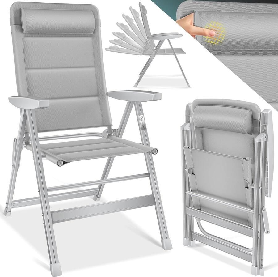 KESSER Tuinstoel met armleuningen 1-delige set aluminium klapstoel incl. hoofdkussen campingstoel 7-voudig verstelbare rugleuning ademend en weerbestendig inklapbaar & anti-slip grijs